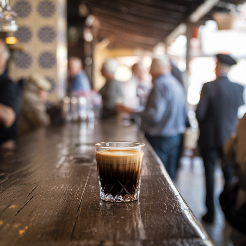 Vaso de Belmonte carajillo murciano en barra de tasca murciana con parroquianos al fondo